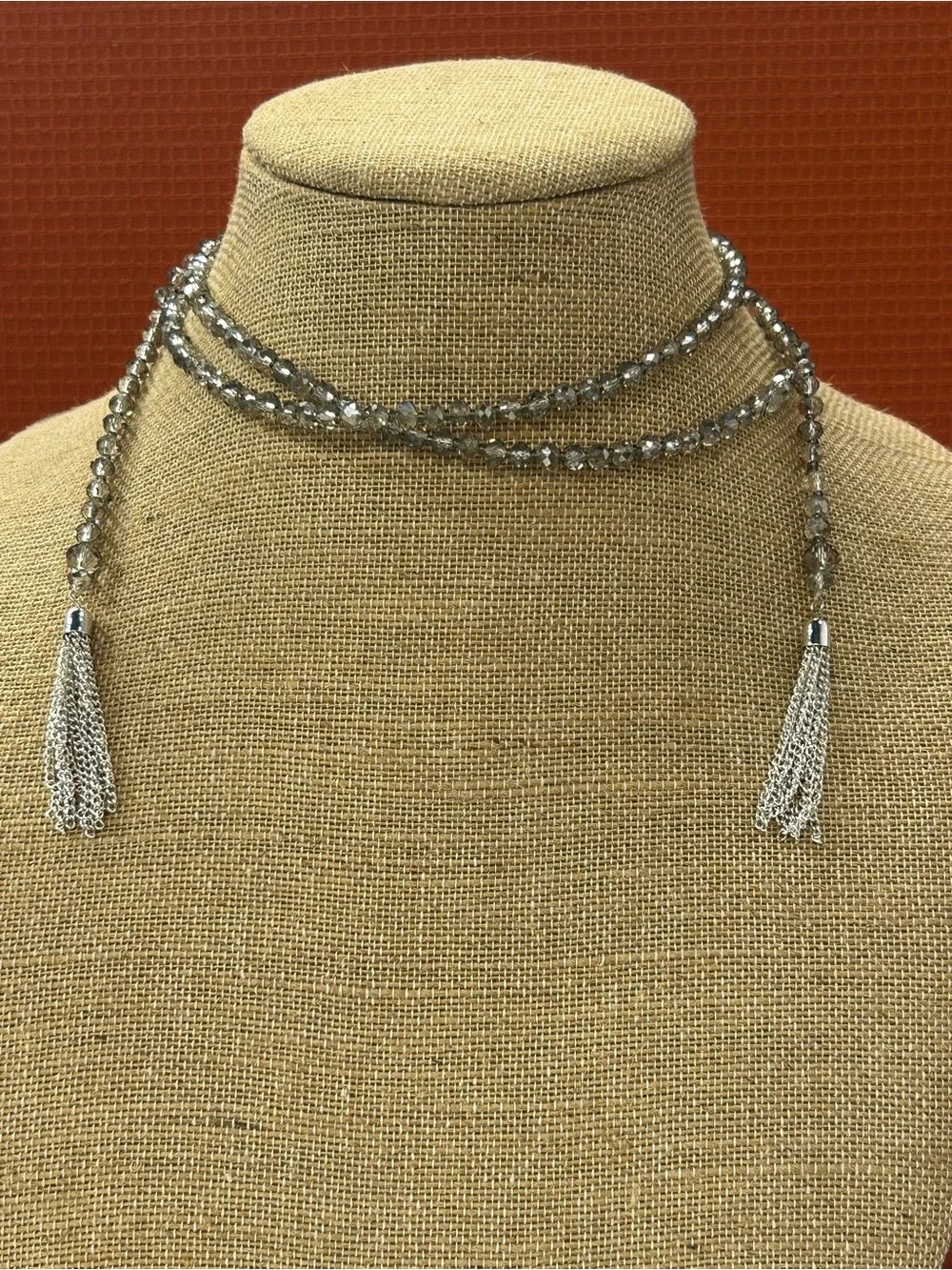 Stunning silver metallic glass crystal tasseled lariat scarf necklace
